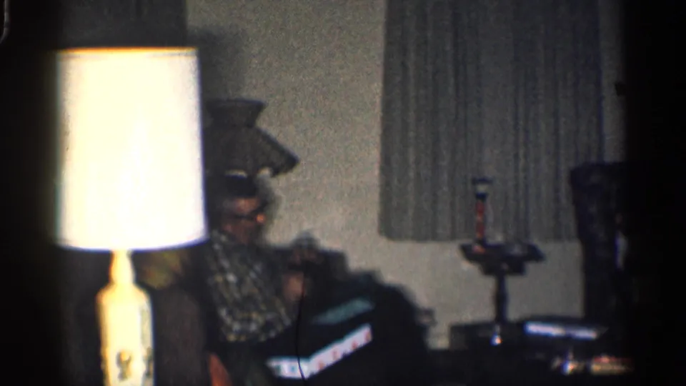 The seated man in a plaid shirt is more visible beside the lamp, with curtains, furniture, and the blue garment in the room.