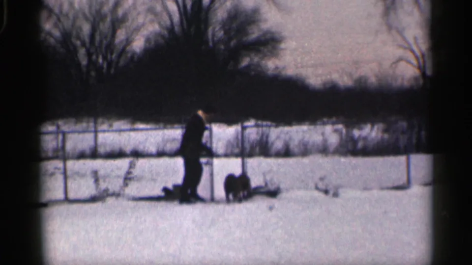 A man in dark outerwear stands near two dogs by a chain-link fence in a snowy California yard, 1959.