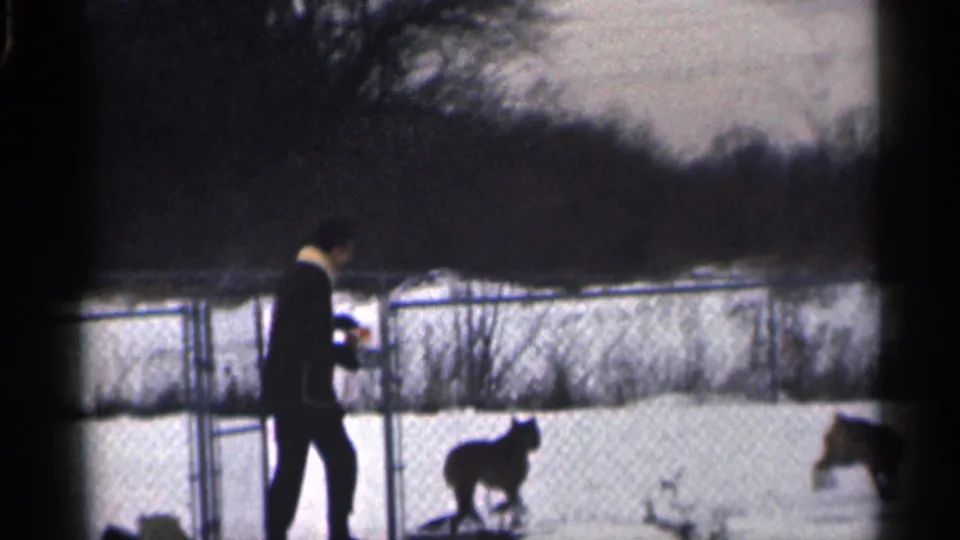 In 1959 California home-movie footage, a man in a dark coat stands in snow near two dogs by a chain-link fence.