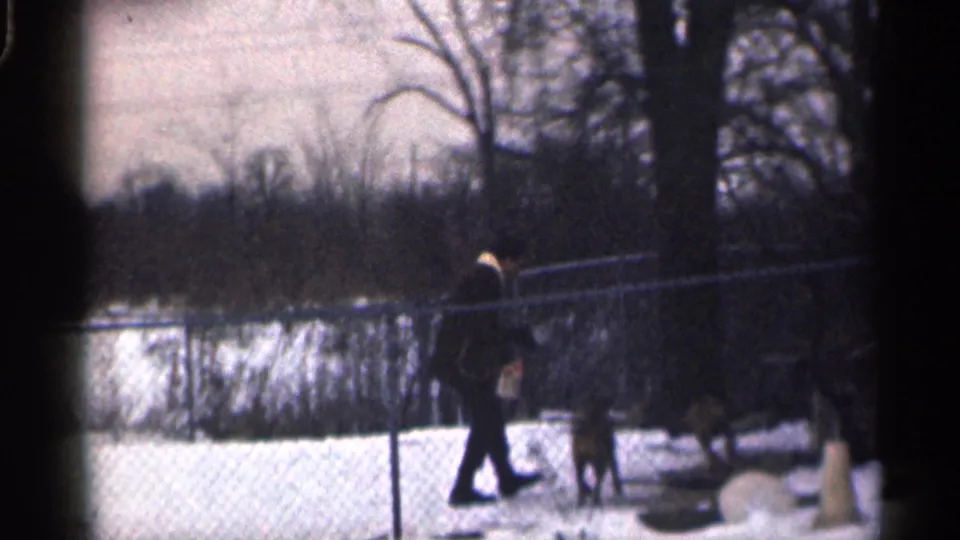 The man appears to feed or tend to the dogs in the snowy yard, with bare trees and fencing behind them.