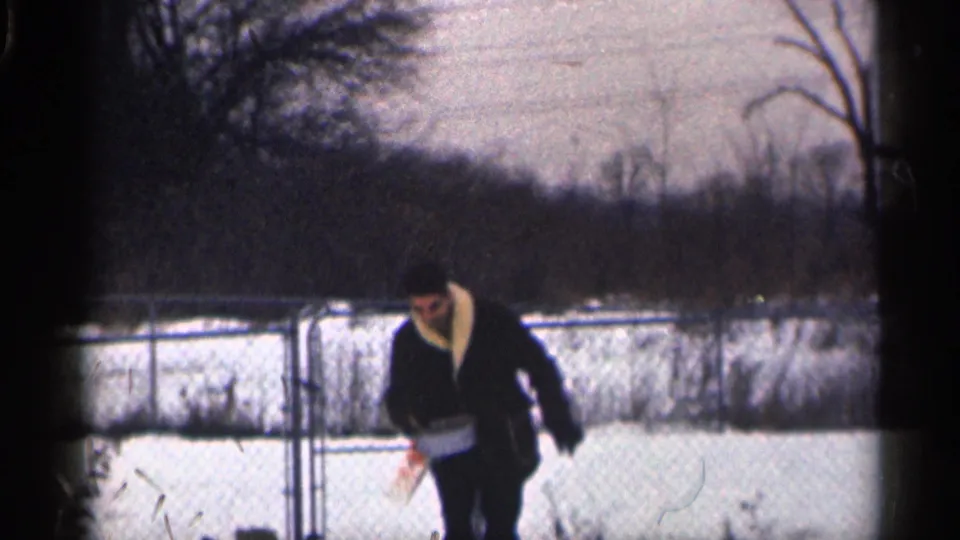 A bundled man bends forward in the snow near a chain-link fence, likely continuing to feed animals just outside the frame.