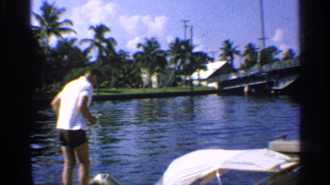 Man in white shirt and dark shorts stands at the water beside a covered boat on a palm-lined canal.