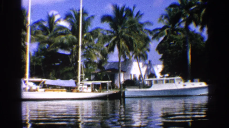1959 California 8mm frame with sailboats docked in calm water, palm trees, masts, and white waterfront structures in bright sun.