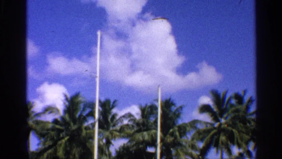 1959 California 8mm frame looking higher toward sailboat masts, palms, and bright cloud-filled sky.