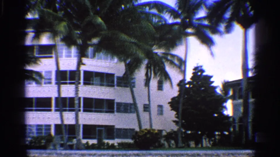 1959 California home-movie view of a white corner building, palms, shrubs and a roadside edge.