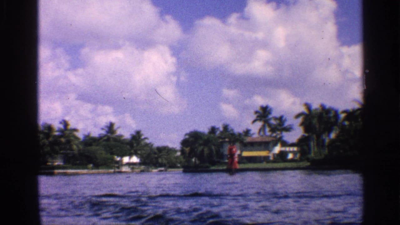 Boat-view waterway with palm trees, low houses, clouds, and a red marker on the shore.