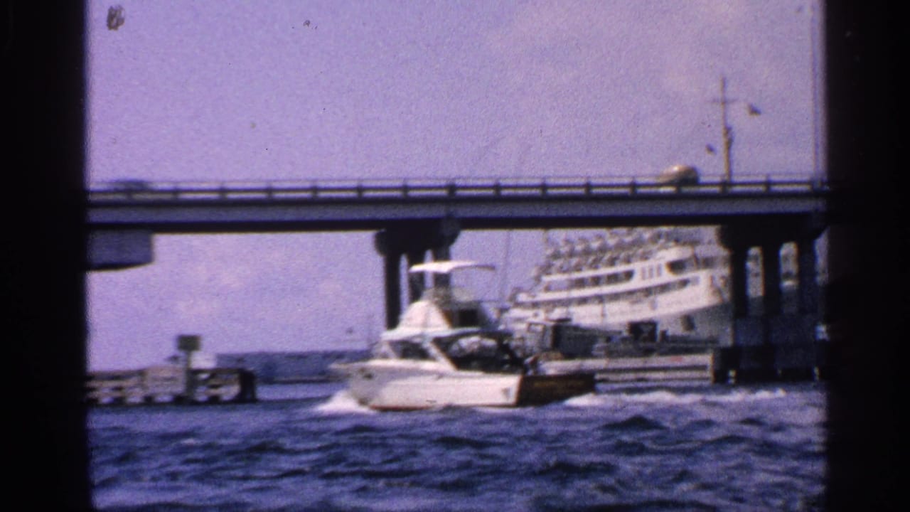 White motorboat on choppy water beneath a concrete bridge with a large vessel behind it.
