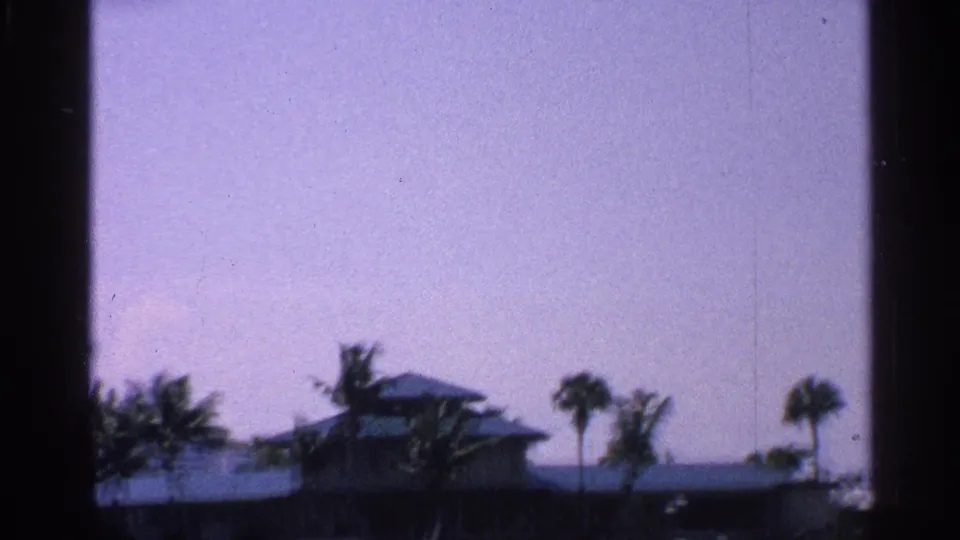 1959 Florida home-movie frame showing a hazy distant waterfront scene with palms, rooflines, and bright sky.
