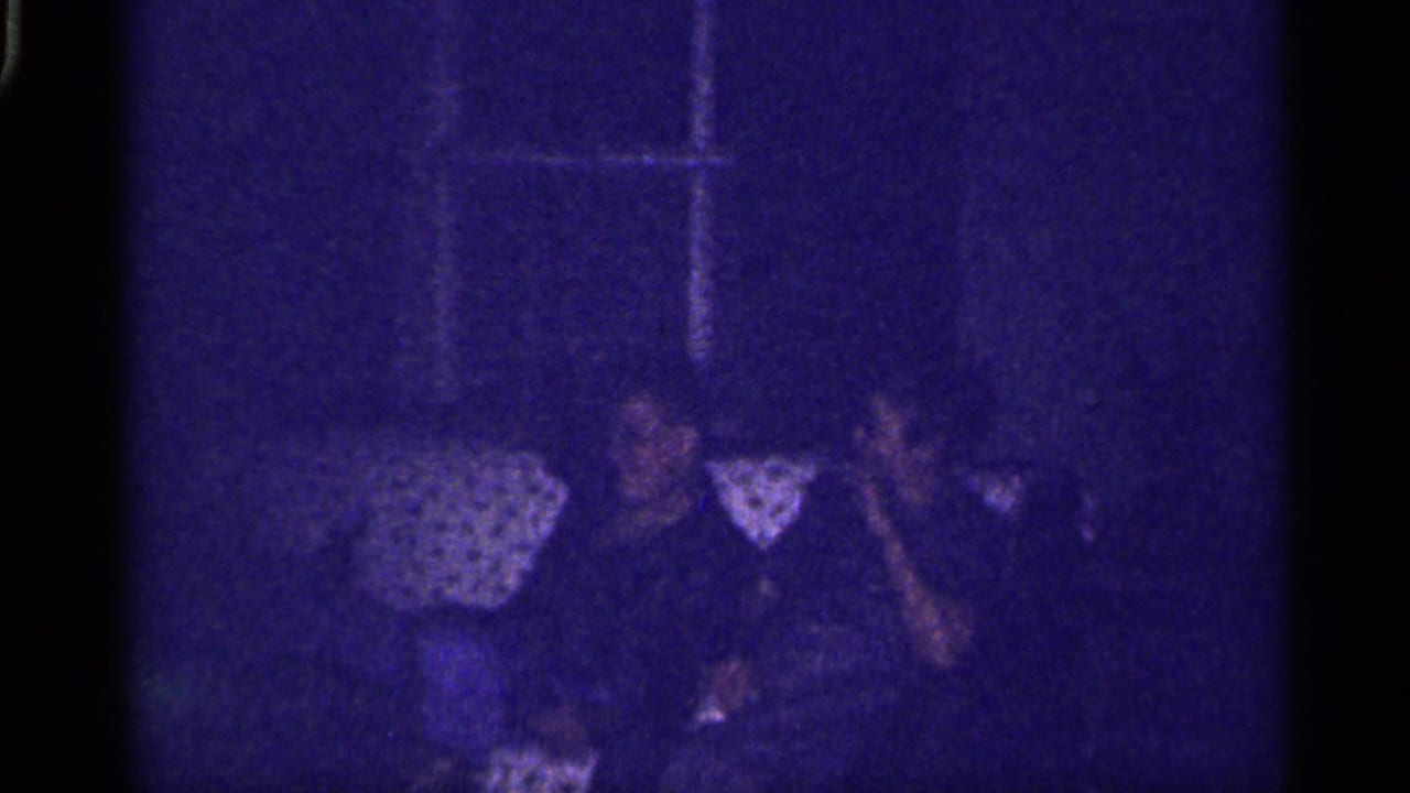 1959 Florida home-movie frame showing adults seated in a dark living room beneath a window frame, with a patterned lampshade nearby.