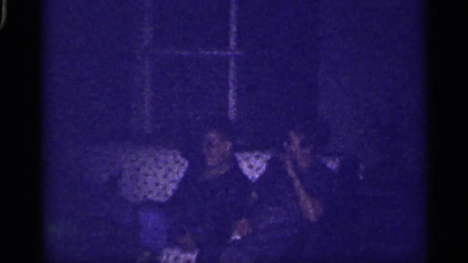 1959 Florida home-movie frame showing adults seated in a dark living room beneath a window frame, with a patterned lampshade nearby.