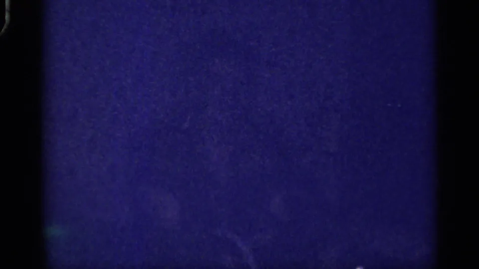 Underexposed blue-tinted 8mm frame from the Florida living room sequence with only faint interior detail visible.