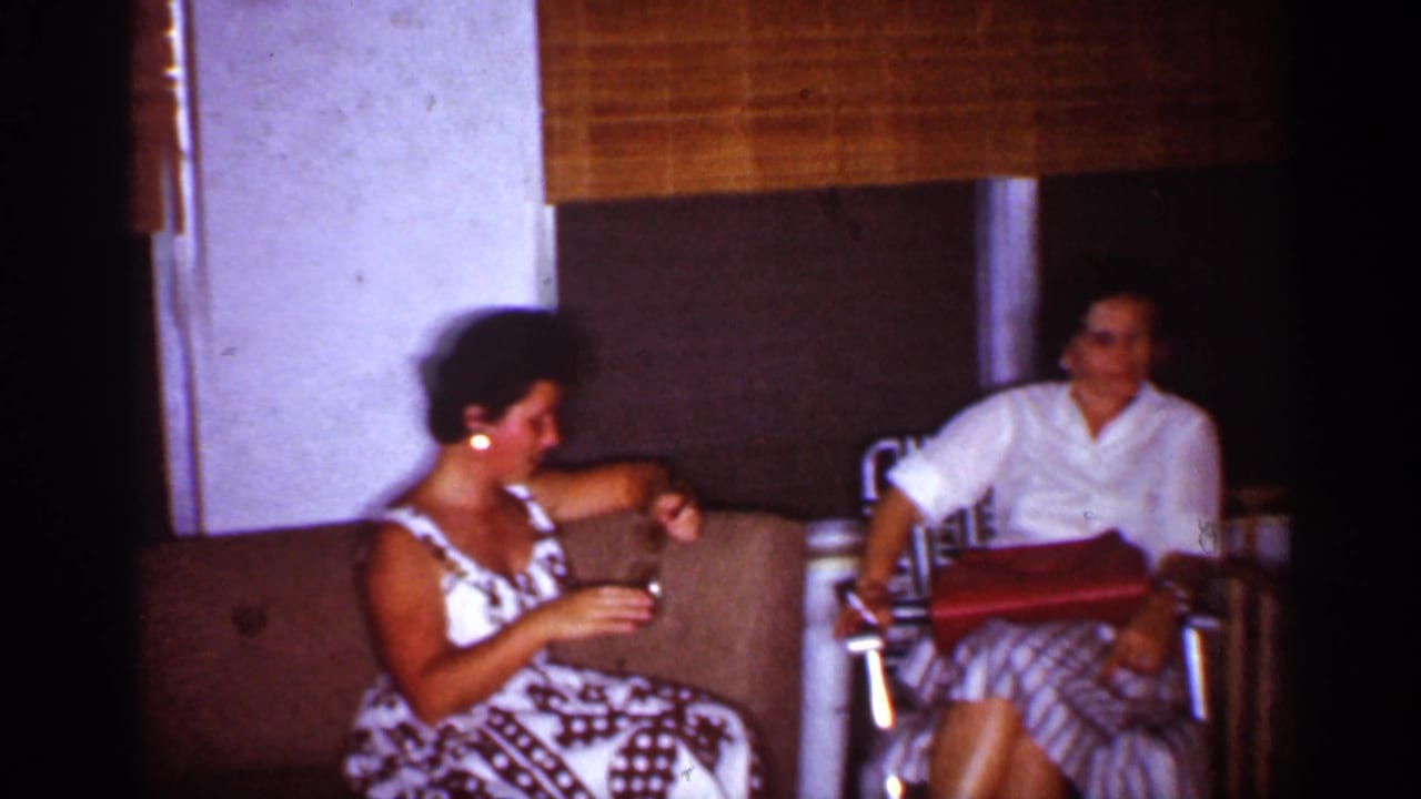 Two women sit indoors near windows, one in a patterned dress and one in a white blouse with a red purse.