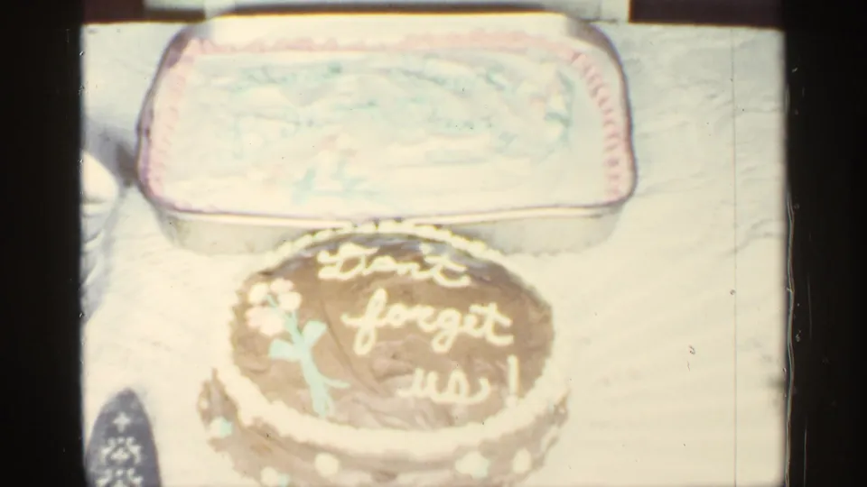 A decorated cake with the message "Don't forget us!" remains centered, with a larger rectangular cake behind it.