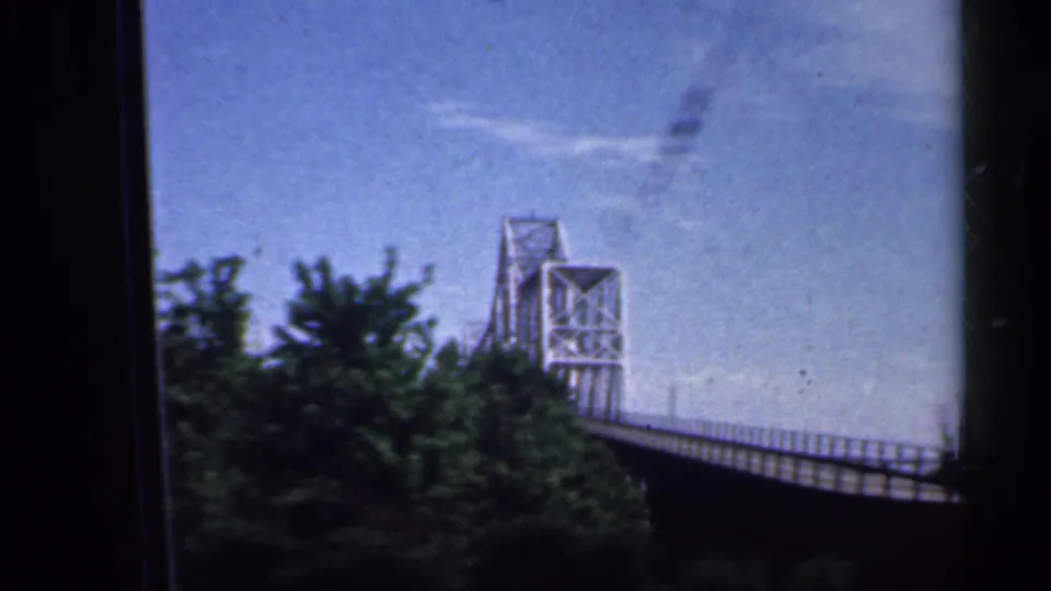The bridge structure is seen from the side through roadside trees, with railings and a bright sky in the 8mm frame.