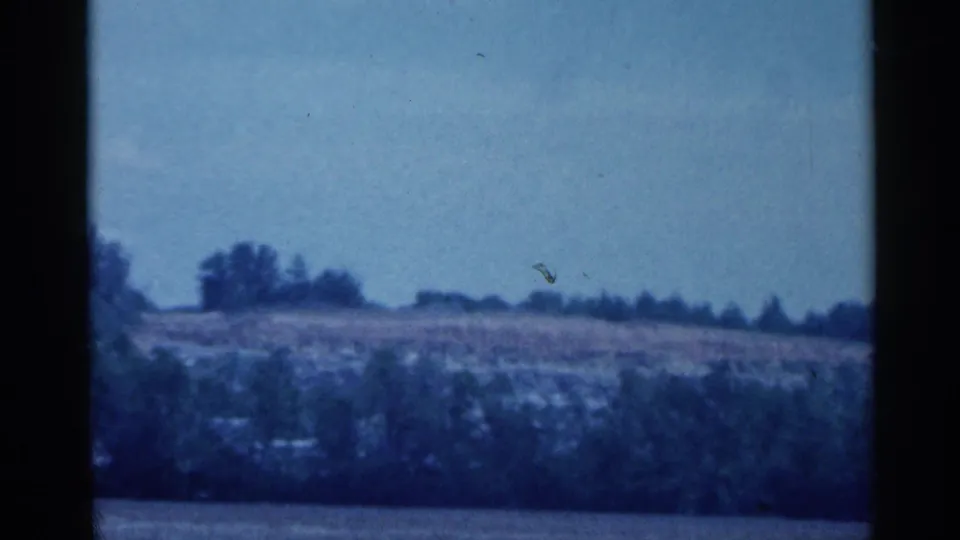 Soft 8mm frame from the Indiana drive showing roadside brush, open fields, distant trees, and blue sky as the car moves past.
