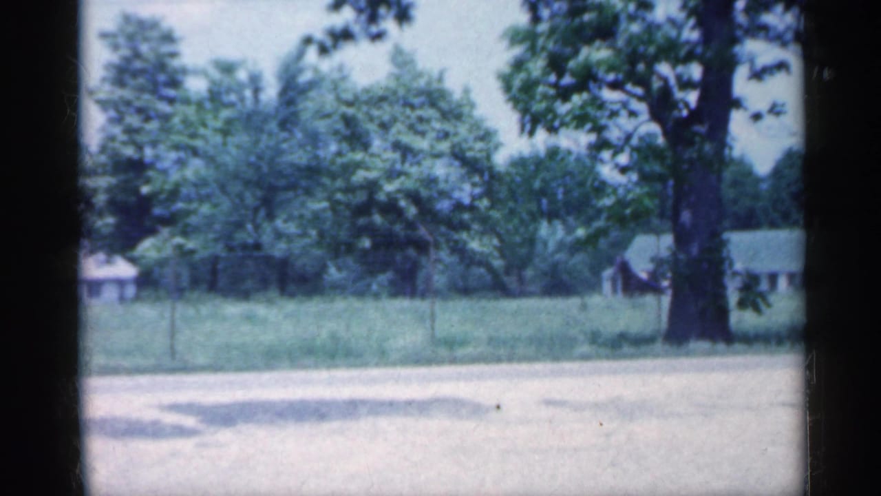 Horse-drawn carriage moving through a grassy field near trees and rural houses.