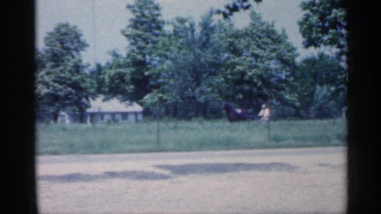 The horse-drawn carriage continues across a rural Indiana field, with a road edge in front and houses partly visible through trees.