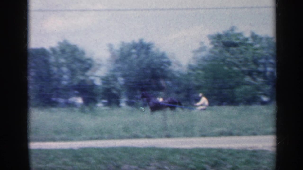 Horse-drawn cart crosses a grassy field near trees and a fence line.