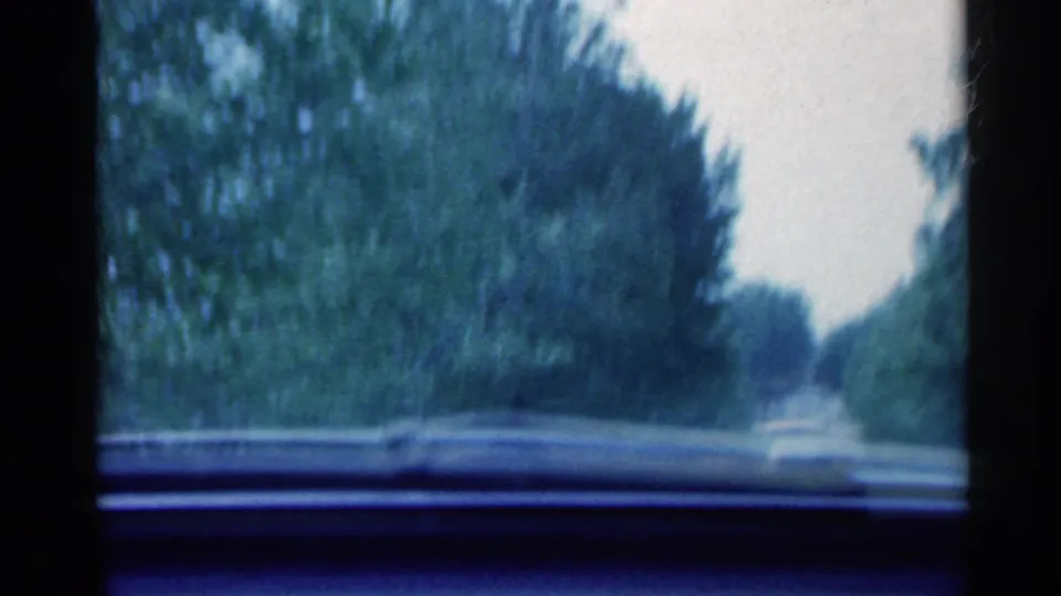 1959 Indiana road-trip view through a windshield, looking ahead along a tree-lined roadway.