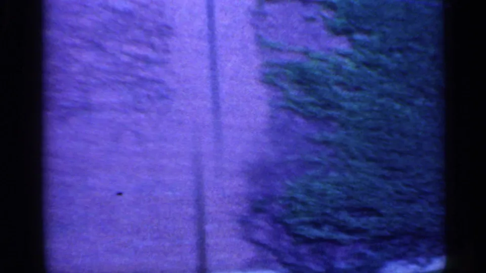A purple-tinted 1959 Indiana roadside view shows blurred greenery and a vertical frame or window edge during vehicle movement.