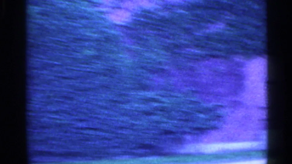 The final frame shows a soft blue-purple blur of roadside trees and a pale form near the lower edge, consistent with a moving car view.