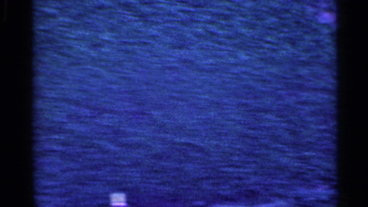 Blue-purple 8mm frame from inside a moving car in Indiana, showing a blurred roadside surface through dark window borders.