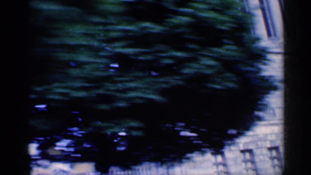 Blurred view through a car window past trees and a city building.