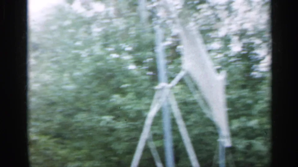 A blurred pale metal yard structure stands in front of dense green plants in this 1959 Indiana 8mm backyard frame.