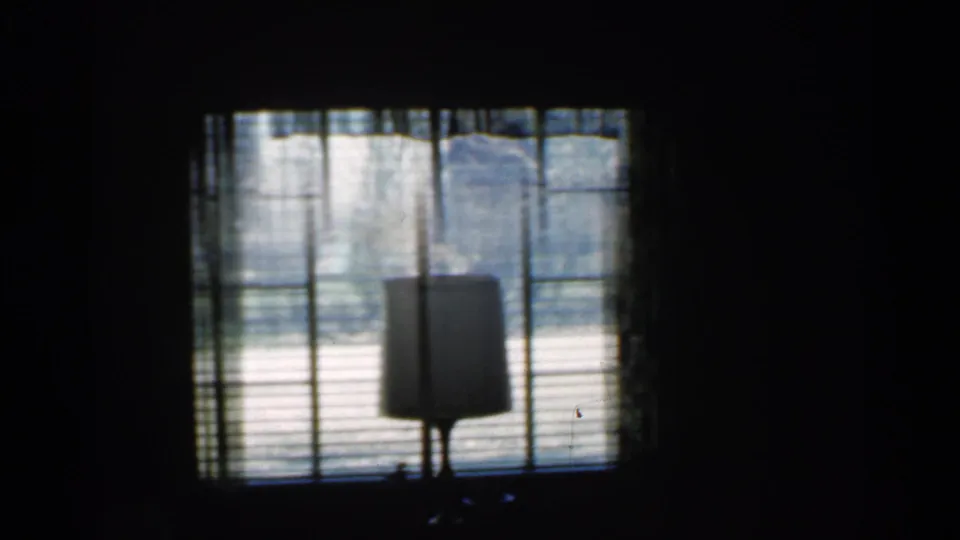 Indiana 1959 interior frame showing a silhouetted lamp against a bright window with blinds, with exterior light beyond the glass.