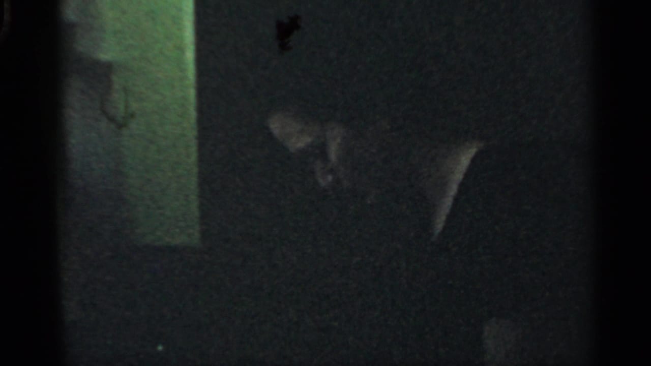 1959 Indiana home-movie frame with a person partly visible in a very dark interior, their face and upper body obscured by shadow.