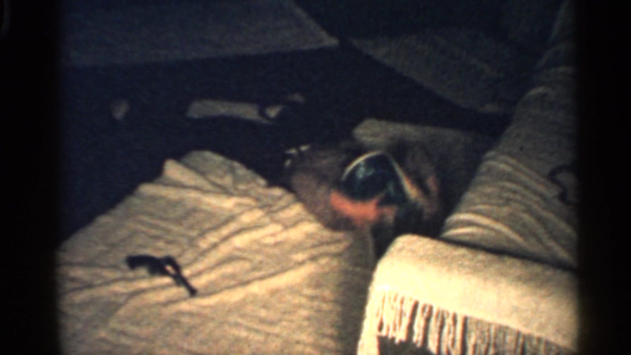In 1959 Indiana home-movie footage, a boy lies on a bed while a small toy gun rests on the blanket nearby.