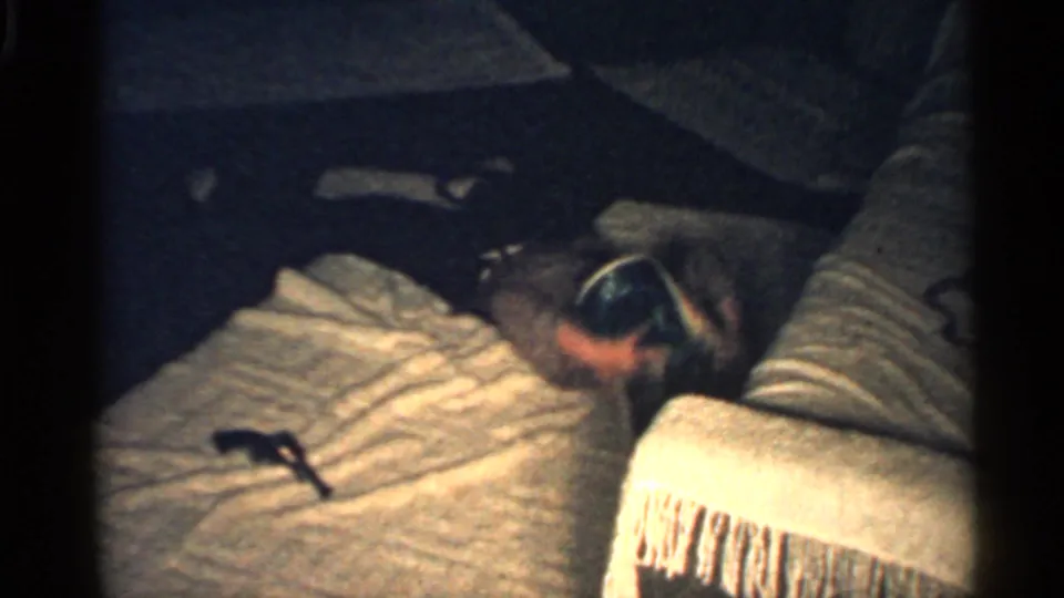 In 1959 Indiana home-movie footage, a boy lies on a bed while a small toy gun rests on the blanket nearby.