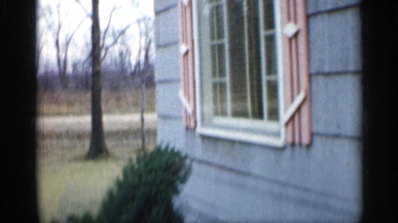 House exterior with gray siding, pink shutters, window, yard, and bare trees.