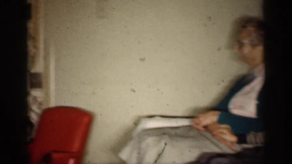 A brief blurred interior glimpse shows a seated woman near a pale wall and a red chair, likely inside the same residential setting.