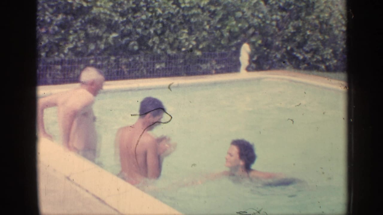 Three adults in a backyard swimming pool beside pale coping and a hedge.