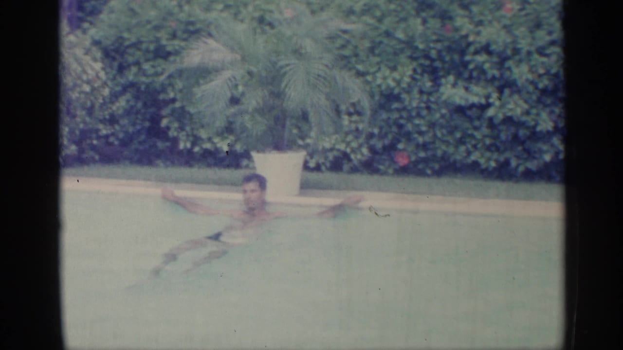 Man in a swimming pool holding the edge near hedges and a potted palm.