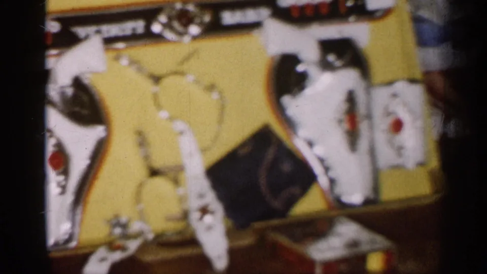 Close 8mm view of a yellow Western-style toy gun set with holsters, belt, and accessories among Christmas gifts.