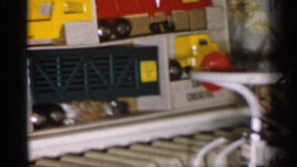 1959 Michigan home-movie frame showing colorful toy trucks, a play-set box, and a radiator inside a household space.