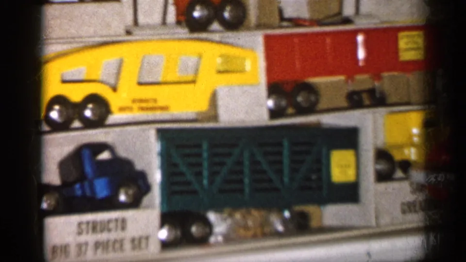 1959 Michigan home-movie frame with toy trucks, train-set packaging text, and household items in warm 8mm color.