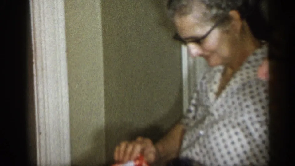 The final frame shows the older woman looking down, hands near the red cloth, in a warm-toned 1959 Michigan home interior.