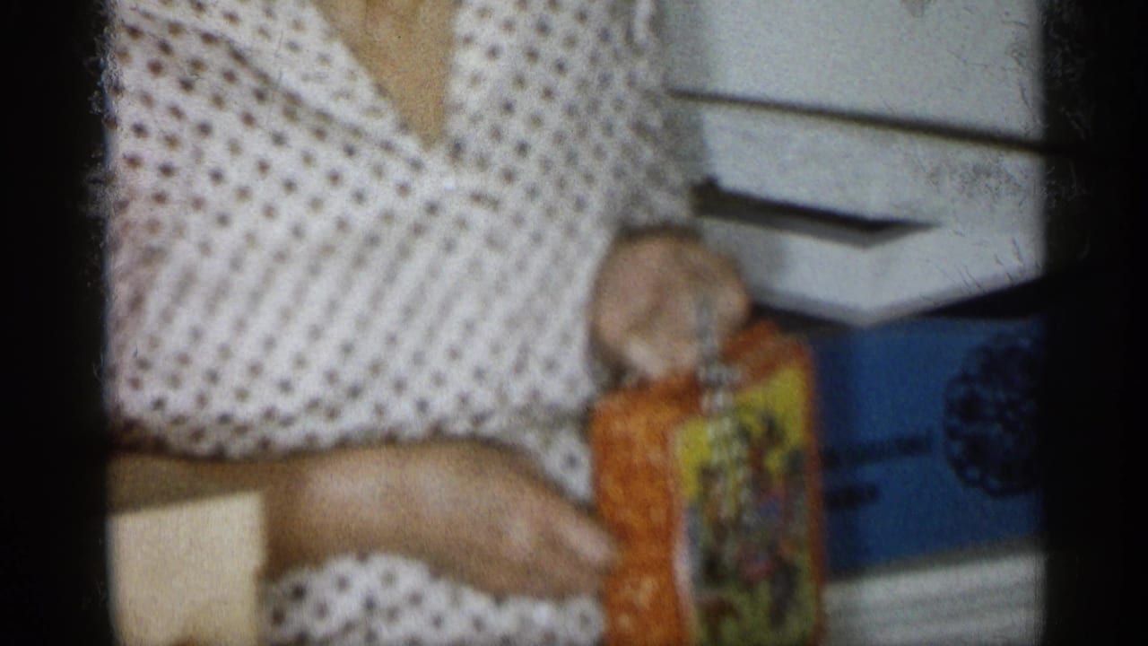 Partial adult figure in a Michigan home interior, with shelves and a colorful object visible in soft 1959 8mm footage.