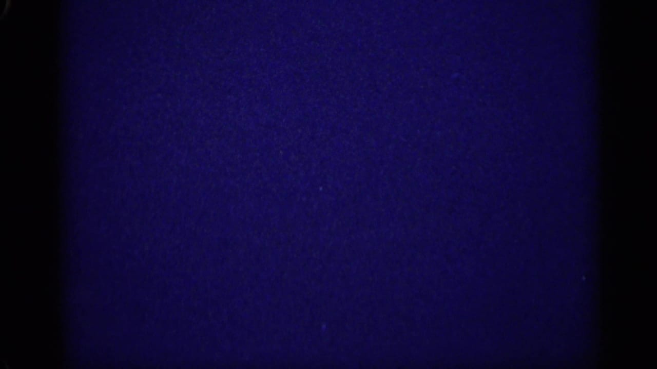 Mostly dark 8mm frame with blue cast, grain, and a black gate edge before the Christmas interior appears.