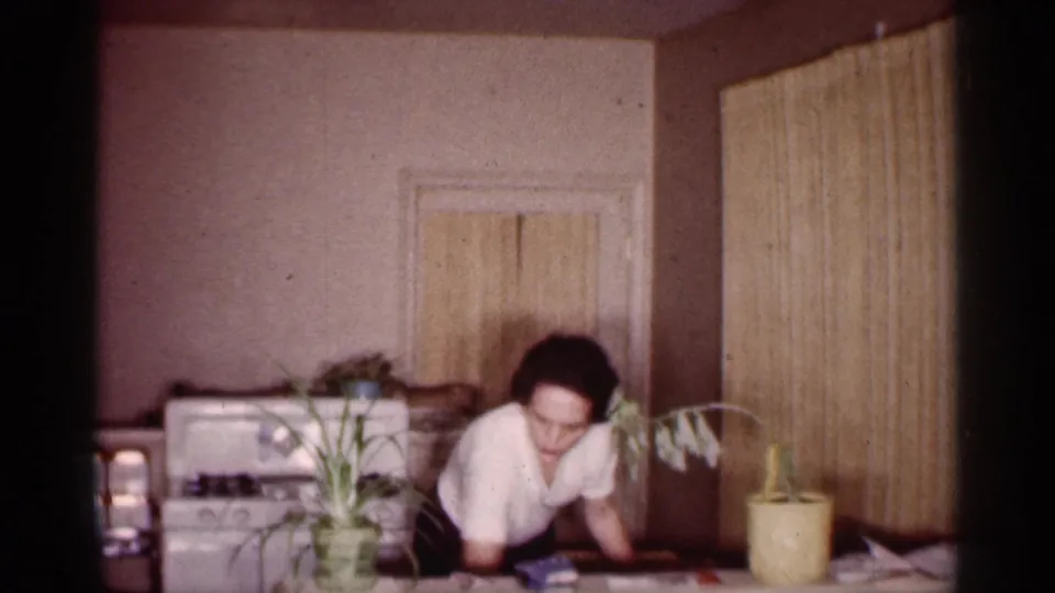 A woman in a white blouse bends over a kitchen table in a Michigan kitchen, with a white stove, potted plants, and paneled walls visible.