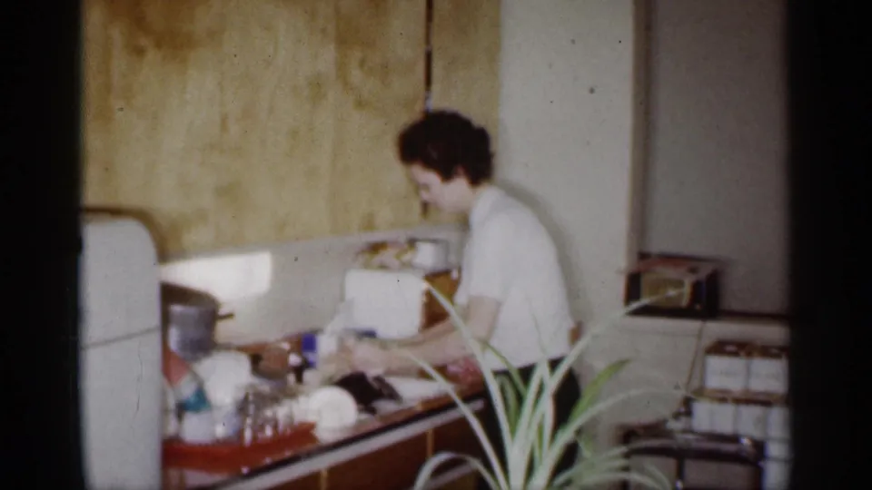 The woman remains at the sink in the Michigan kitchen, handling dishes beneath wood cabinets with counter items visible.