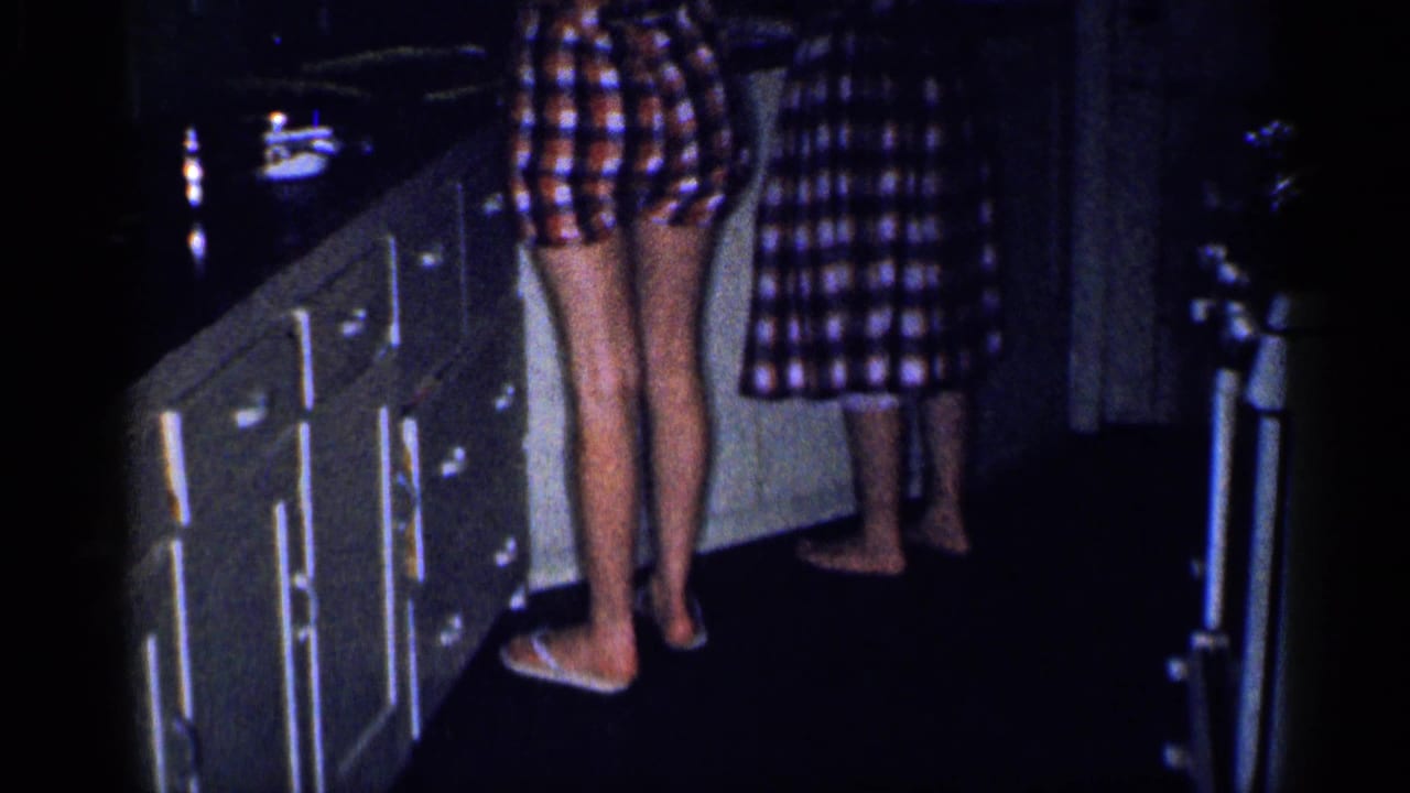 Two people in plaid clothing stand at a kitchen counter with cabinets and a sink area.