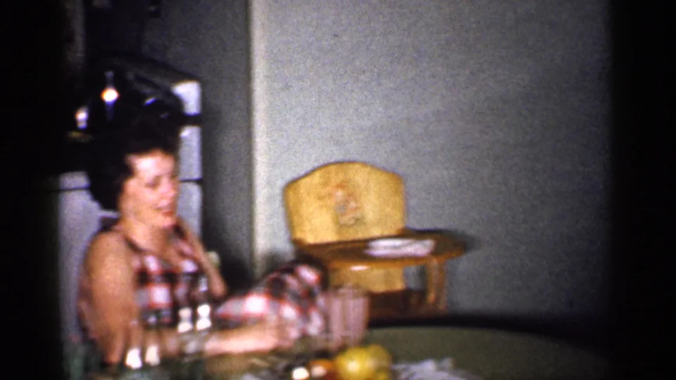Michigan 1959 home-movie frame showing a woman in plaid seated at a kitchen table with bottles and fruit, framed by dim interior light.