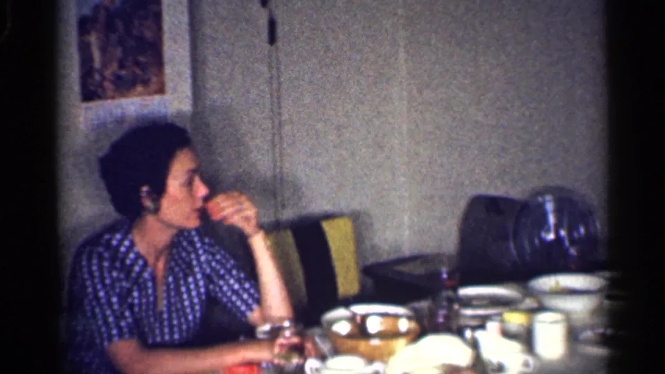 In the same 1959 Michigan home interior, a woman in a blue checkered dress sits at the dinner table with her hand near her mouth.