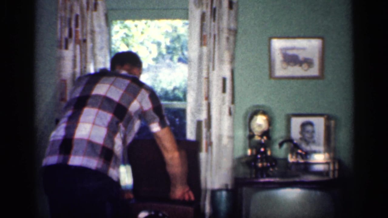 Man in plaid shirt leans near a window in a green-walled living room with framed pictures and curtains.