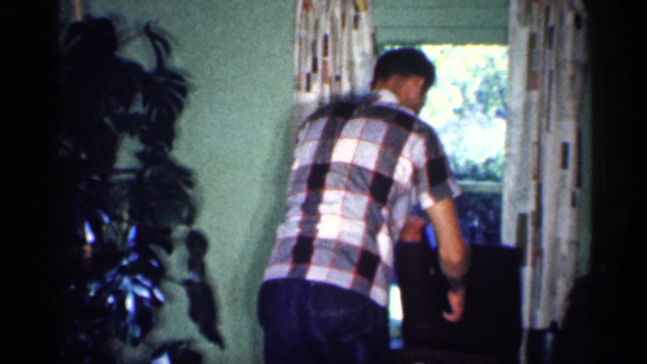 A man in a plaid shirt stands near the window of a 1959 Michigan living room, with a large potted plant and patterned curtains visible.