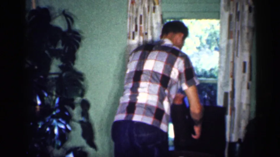 A man in a plaid shirt stands near the window of a 1959 Michigan living room, with a large potted plant and patterned curtains visible.